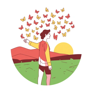 A person is standing on a gently sloping hill at sunrise, with the sun casting a warm glow in the early morning sky. They have their arms slightly outstretched, and a multitude of colorful butterflies is encircling them in a swirling motion. The butterflies, in shades of yellow and red, flutter around the person's head and shoulders, creating a sense of movement and liveliness. The hill is covered in soft green grass, and the background features a faint outline of distant mountains under the lightening sky.