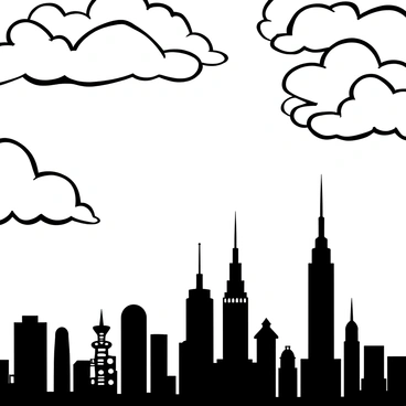 A dramatic skyline featuring a series of tall, distant towers rising against the horizon. The towers are intricately detailed, showcasing various architectural styles, from modern skyscrapers to classic spires. Above, rolling clouds fill the sky, creating a dynamic atmosphere with varying shapes and textures. The clouds appear dense and billowing, casting shadows across the skyline below. The overall composition emphasizes the contrast between the solid silhouettes of the towers and the fluidity of the clouds.