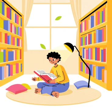 A cozy library with wooden shelves filled with colorful books, some of which are flying through the air. A young child with curly hair is sitting cross-legged on a plush, patterned rug, deeply engrossed in a book under a glowing, warm-toned lamp. The lamp casts a soft light around, highlighting the pages of the book. The library has large windows with curtains partially drawn, allowing gentle light to filter in. A few scattered cushions are around the child, creating a comfortable reading nook.