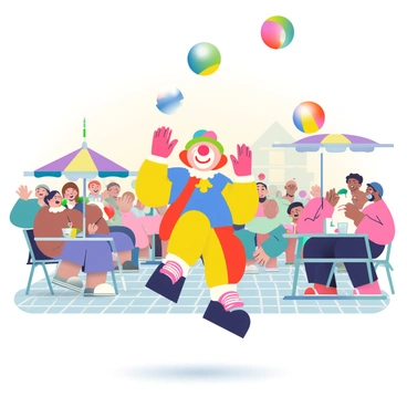 A clown juggler is performing in a bustling town square. He has a round face with bright red cheeks and a large red nose. His colorful attire consists of a patchwork suit with vibrant colors like yellow, blue, and red. He is juggling three large, multicolored balls high in the air with skill. Around him, a crowd of excited townspeople is watching, some are clapping and others are laughing. There are small tables with umbrellas nearby, where people are enjoying snacks and drinks. The sun is shining brightly, casting shadows on the cobblestone floor of the square.