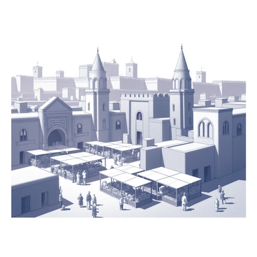 A sprawling ancient city filled with intricate architecture and lively markets. The buildings feature grand arches and intricate carvings, with towering spires reaching towards the sky. Numerous market stalls line the streets, displaying a variety of goods such as textiles, pottery, and spices. People are depicted walking through the streets, engaged in lively conversations and barter, creating a dynamic atmosphere. The scene is framed by a backdrop of high walls and towers, emphasizing the city's historical significance and grandeur.