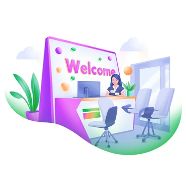 A receptionist standing next to a large welcoming sign, inviting guests into the office.