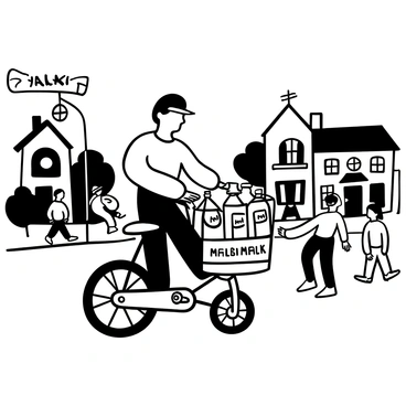 A milkman riding a tricycle filled with bottles of "Amul milk" is navigating through a bustling neighborhood. The tricycle has a large basket in front containing several glass milk bottles, each labeled with the "Amul" logo. The neighborhood features various houses with visible porches and children playing on the sidewalks. There are trees lining the street, and a few people are walking by, creating a lively atmosphere. In the background, a street sign can be seen indicating the neighborhood name. The scene captures the milkman in motion, delivering fresh milk to the community.