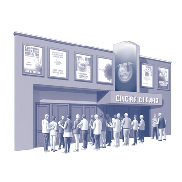 A cinema annex featuring an exterior wall adorned with various movie posters displaying film titles and images. The posters are prominently placed, showcasing a variety of genres. In the foreground, a diverse group of people is waiting in line to purchase tickets. Some individuals are holding snacks, while others are engaged in conversation. The architecture of the annex includes large glass doors and a marquee above the entrance. The overall scene captures the anticipation of moviegoers ready to enjoy a film.