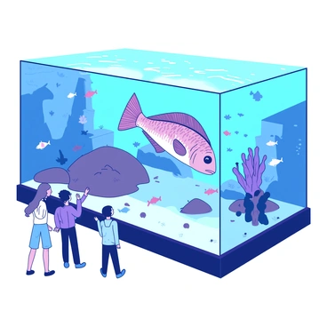 A large sunfish is swimming leisurely in a transparent tank of a public aquarium exhibit. The tank is filled with clear water, allowing a view of the sunfish's unique body shape and vibrant scales. Various small colorful fish are swimming around the sunfish, creating a lively atmosphere. The background of the tank features artificial coral structures, subtly illuminated by soft lighting that enhances the underwater scene. Visitors can be seen in the foreground, gazing in awe at the majestic sunfish as it gracefully glides through the water.