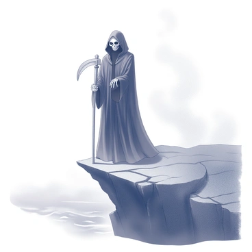 The Grim Reaper standing at the edge of a foggy cliff holding a scythe