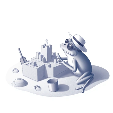 A frog is sitting on a sandy beach, focused on constructing a sandcastle. The frog is adorned with a pair of sunglasses resting on its eyes and a sun hat perched on its head. Around the frog, there are small buckets and shovels scattered in the sand, indicating tools for building. The sandcastle is taking shape, with towers and a moat being carefully crafted. In the background, there are footprints leading away from the scene, suggesting other beachgoers nearby.