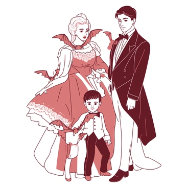 A duotone illustration features a noble family posed elegantly for a portrait. The family members are dressed in intricate Victorian attire, showcasing lavish fabrics and detailed patterns. A man in a tailcoat stands proudly beside a woman in a flowing gown adorned with lace. Their children, a boy and a girl, are playfully positioned in front of them. Each family member has a small bat perched on their shoulder, with delicate wings folded against their clothing. The bats have expressive eyes and appear calm among the noble figures.
