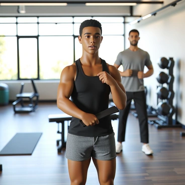A professional athlete with an athletic build, wearing a fitted black tank top and gray shorts, is performing rotator cuff rehabilitation exercises. They are in a bright gym environment, with large windows allowing natural light to flood in. The athlete is focused, slightly sweating, as they use a resistance band for their exercises. Multiple gym equipment pieces are visible in the background, including weights and exercise mats. A physical therapist stands nearby, providing guidance and encouragement. The atmosphere is energetic and supportive.