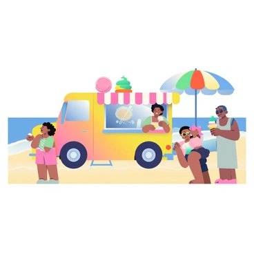 An ice cream truck with bright colors and a cheerful design is parked on a sandy beach. The truck has a large ice cream cone graphic on its side. Nearby, a group of beachgoers of diverse backgrounds is enjoying ice cream cones. One child with curly hair is happily licking a vibrant blue scoop, while another adult with sunglasses holds a pink cone, smiling at a friend. In the background, colorful beach umbrellas are set up, and waves gently lap at the shore, creating a lively beach atmosphere.