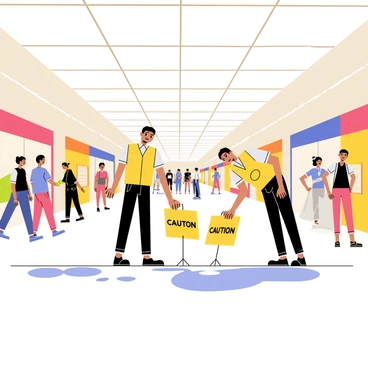 Two workers in bright yellow vests are carefully placing "Caution" signs around a wet floor in a bustling mall. The floor is shiny and reflective, indicating recent mopping. One worker is holding a sign high while the other is bending down to set a sign in position. Shoppers in the background are moving past, some glancing at the signs while others are engaged in conversations. Multiple colorful storefronts line the walls of the mall, and overhead, large light fixtures illuminate the scene.
