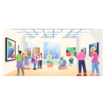 An art gallery with white walls and polished wooden floors is filled with modernist paintings and sculptures. The paintings on the walls showcase bold colors and abstract shapes, with some framed in sleek black frames. In the center of the gallery, various sculptures made of metal and glass are arranged on pedestals, highlighting their unique forms. Large windows allow natural light to stream in, illuminating the artwork and creating an inviting atmosphere. A few visitors are scattered throughout the space, observing the art with interest.
