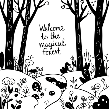 A magical forest filled with tall, slender trees that have intricate, swirling bark patterns. The ground is covered in an array of oversized mushrooms and colorful flowers. There are whimsical creatures peeking from behind the trees, including a small fox with a bushy tail and a rabbit with long ears. A sparkling stream winds through the scenery, reflecting the shapes of the surrounding flora. Above, the branches of the trees intertwine, creating a canopy that filters soft light throughout the scene. "Welcome to the magical forest" is elegantly written among the foliage.