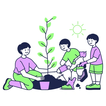 A group of children is actively planting young trees on a small patch of Earth. One child is kneeling and placing a sapling into a hole, while another child waters a recently planted tree with a small watering can. Nearby, a third child is holding a small shovel, ready to dig for the next planting. The children are wearing colorful shirts and shorts, with smiles on their faces. In the background, there are various tools scattered around, including gloves and small buckets. The sun is shining down, illuminating the scene as the children work together in their efforts.