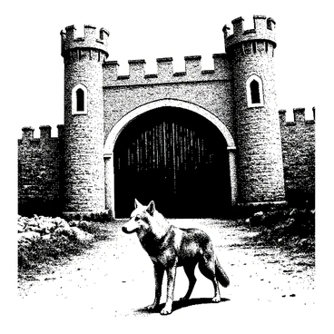 A lone wolf is standing in front of the gates of a medieval castle. The wolf has thick fur and an upright posture, conveying strength and majesty. The castle is made of stone, with tall towers and a large wooden gate. The ground is uneven, with patches of grass and scattered rocks. The architecture of the castle includes battlements and arched windows, showing intricate details of craftsmanship. The wolf is looking forward, with its ears perked up, as if alert to its surroundings.