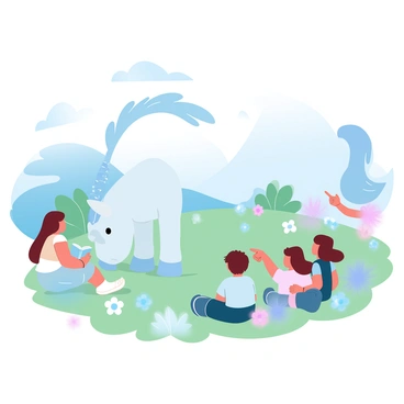 A magical unicorn with a shimmering white coat is grazing in a lush meadow filled with colorful wildflowers. The unicorn has a long, spiraling horn that sparkles in the sunlight. Nearby, several children are sitting on the grass, gazing at the unicorn with wonder. One child has a book open in their lap, another is reaching out a hand, and the third is pointing excitedly. In the background, gentle rolling hills and a clear blue sky complete the scene.