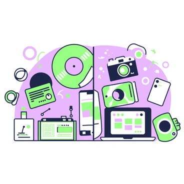A split illustration features two sections side by side. On the left, a collection of analog devices is displayed, including a vintage radio with knobs, a classic record player with an album, and an old-fashioned camera with a flash. Each device showcases distinct textures and surfaces, highlighting the craftsmanship of the past. On the right, a variety of digital devices is shown, including a sleek smartphone, a modern laptop with an open screen displaying applications, and a digital camera with a large lens. The contrast between the rounded shapes of the analog devices and the sharp lines of the digital devices emphasizes their differences. The background of each section is subtly designed to enhance the separation between analog and digital, with small visual cues to indicate their eras.