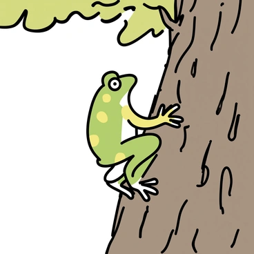 A green tree frog with bright yellow spots is skillfully climbing the rugged bark of an old tree. The tree's bark is textured and weathered, showing deep grooves and cracks. The frog's limbs are stretched out as it navigates the rough surface, its eyes focused ahead. Sunlight filters through the leaves above, creating dappled light patterns on the bark below.