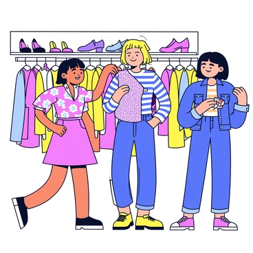 A group of three friends is shopping together at a trendy boutique. One friend, wearing a floral dress, is trying on a pink blouse with ruffles and pairing it with a sequined skirt. The second friend is in a striped shirt, holding up a sparkly dress with their other hand. The third friend is wearing a denim jacket, examining a colorful accessory. Brightly colored clothes hang on the walls, and stylish shoes are displayed on shelves. The atmosphere is lively and filled with excitement.