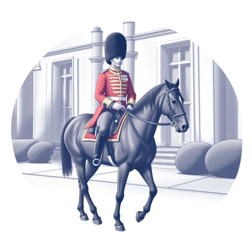 A Royal Guard on horseback patrolling outside a historic British building