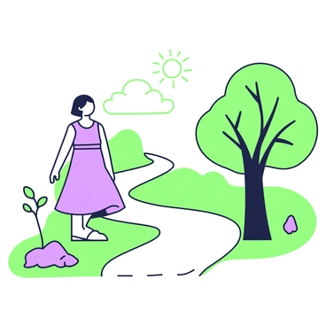 A figure is standing at the edge of a winding path, ready to embark on a journey. The figure is dressed in a flowing garment that billows slightly in the wind. Alongside the path, there are several symbolic elements representing different life stages. To the left, there is a small sapling, which symbolizes childhood, with delicate leaves unfurling. Next to it, a sturdy tree stands tall, representing adulthood, with a thick trunk and branches extending outward. Further along the path, an old oak tree with gnarled branches symbolizes old age. Above the path, a bright sun is shining, casting light on the figure and the elements, while fluffy clouds drift by in the sky.