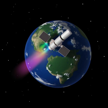 A satellite with a sleek, metallic body and solar panels extending from its sides orbits Earth. The Earth is depicted in a deep blue with swirling white clouds and green landmasses visible. A series of bright, neon-colored data beams emanate from the satellite, creating a dynamic trail that represents DNS data flowing to and from the surface. The beams are arranged in a pattern, varying in thickness and color, illustrating the transfer of information. The background features a starry black space, enhancing the contrast of the satellite and its data trail.