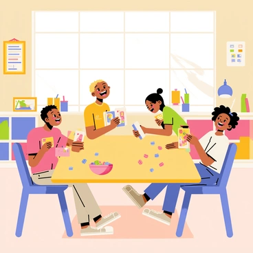A bright and cheerful classroom filled with colorful decorations and educational posters. A group of four children, two boys and two girls, are seated around a large wooden table. They are excitedly playing loto, with each child holding their own loto card. The children are smiling and laughing, showcasing a sense of joy and camaraderie. On the table, there are colorful loto pieces scattered and a bowl containing additional pieces. Natural light streams in through large windows, illuminating the vibrant atmosphere of the classroom.