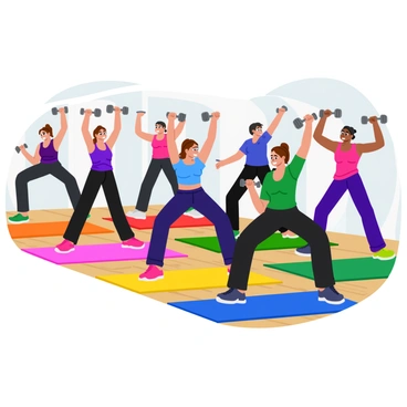 A group of five individuals in workout attire is performing dumbbell front raises in synchronization. Each person holds a pair of dumbbells at their thighs, with a look of focus on their faces. They are positioned on a wooden gym floor, and colorful rubber mats are placed underneath them. The background features large mirrors reflecting their movements. Each participant raises their dumbbells to shoulder height with perfect timing, showcasing their determined expressions and strong postures. The lighting is bright, highlighting the intensity of the workout.