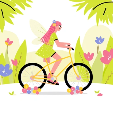 A cartoon fairy with translucent wings is riding a delicate bike. The bike features flower petal wheels that are colorful and vibrant. The fairy has long, flowing hair adorned with tiny flowers. She is wearing a sparkling dress that shimmers in different shades of green and pink. The scene is set in a whimsical garden filled with oversized flowers and lush greenery. Sunlight filters through the leaves, casting playful shadows on the ground.