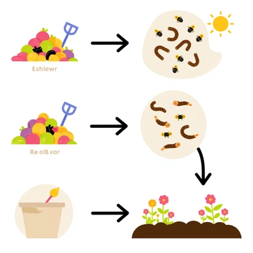 A series of step-by-step illustrations showing the transformation of organic waste into compost. The first illustration depicts a pile of colorful fruit and vegetable scraps, with a shovel nearby. The second illustration shows various decomposers, including brown worms and friendly bugs, actively working within the waste pile. The third illustration presents a close-up of the decomposition process, showcasing the worms and microorganisms breaking down the waste into rich, dark soil. The final illustration features a garden scene with blooming plants growing in the freshly made compost, with a sunny sky above. Each illustration clearly labels the stages of the composting process.