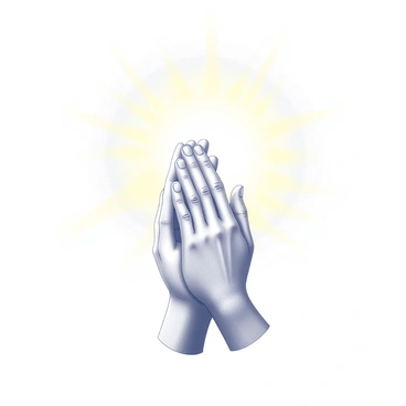 Two hands are clasped together in a prayer position at chest level. The fingers are interlaced, with the thumbs touching lightly at the top. The hands appear well-defined, showing details of the skin texture and slight variations in light. In the backdrop, a soft, glowing light radiates outward, creating an ethereal atmosphere that emphasizes the hands in prayer. The overall composition focuses on the hands, highlighting the gesture of prayer against the luminous backdrop.
