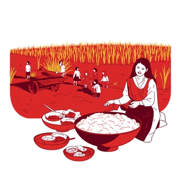 A red rice paddy field with golden grains swaying gently in the breeze. In the background, a group of community members of diverse ages are gathered, some wearing traditional attire, as they harvest rice together. Nearby, a wooden cart filled with freshly harvested rice sits, while children play alongside, their laughter visible even from afar. At the forefront, a woman is showcasing a large bowl filled with cooked rice, surrounded by various traditional dishes, emphasizing the role of rice in their daily meals. Bright sunlight casts warm shadows, enhancing the vibrant colors of the scene.