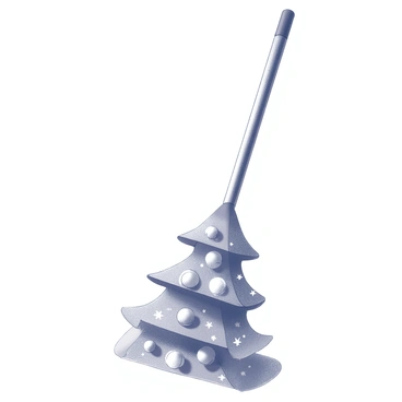 A decorated mop styled as a Christmas tree, adorned with colorful ornaments