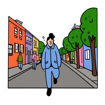 A person with light skin and short black hair is walking down a street that looks identical to a street they have never visited. The street is lined with colorful buildings, each with distinctive architecture and large windows. The person is wearing a blue jacket and jeans, and appears slightly puzzled as they survey their surroundings. Trees with green leaves are lining the sidewalk, and there are a few people in the background going about their day. The sky is clear, and the sun is shining down, casting soft shadows on the pavement.