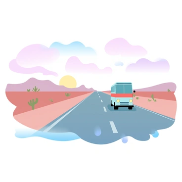 A lone bus is driving on a long, straight stretch of desert highway. The bus is painted in bright, vibrant colors, contrasting with the muted tones of the surrounding landscape. In the distance, an expansive sky filled with gradient pastel colors stretches above, transitioning from soft pinks to light blues. The highway is bordered by sparse desert vegetation, including small cacti and low shrubs. The sun is setting on the horizon, casting a warm glow over the entire scene, while long shadows stretch across the pavement.