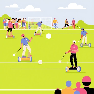 A polo match featuring players riding colorful mini segways instead of traditional horses. The field is marked with bright white lines, with goals at either end. Players are wearing vibrant polo shirts and helmets, showcasing their team colors. The mini segways are designed with sleek lines and sporty colors, zipping across the grass as players maneuver to hit a large white ball with mallets. Spectators are gathered around the field, engaged and cheering, with a sunny sky overhead. The atmosphere is lively, capturing the excitement of this unique interpretation of polo.