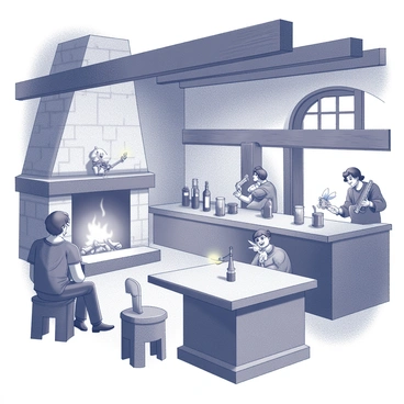 A cozy tavern interior filled with various adventurers and magical beings. The scene shows a stone fireplace with a warm fire crackling, casting flickering shadows on the wooden beams overhead. Tables are surrounded by a mix of characters, including a burly warrior with a sword at his side, a cloaked wizard holding a glowing staff, and a mischievous fairy perched on a table, her wings shimmering. A bar counter displays various tankards and bottles, while a bard plays a lute in the corner, entertaining the patrons. The atmosphere feels lively, with laughter and conversations blending into a warm, inviting ambiance.