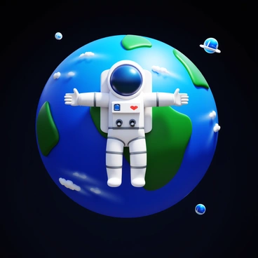 An astronaut in a white space suit, equipped with a helmet and life support system, is floating in the void of space. The astronaut's arms and legs are outstretched, creating a sense of weightlessness. In the background, Earth is visible, showcasing its blue oceans and green landmasses against the blackness of space. The curvature of the planet is prominent, and wispy clouds can be seen forming in the atmosphere. The scene conveys a vast and open expanse surrounding the astronaut.