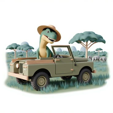 A large T-Rex with green scales and sharp teeth is wearing a tan safari hat that sits slightly askew on its head. The dinosaur is leaning out of a rugged safari jeep, which is colored in shades of olive green and brown. The jeep is parked in a vibrant, lush landscape filled with tall grass and scattered trees. In the background, a group of animals can be seen, including elephants and zebras, grazing peacefully. The T-Rex is gazing intently at the animals, with its large eyes wide in curiosity. Sunlight filters through the trees, casting dappled shadows on the scene.