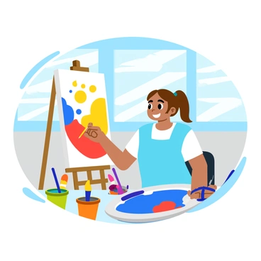 A school girl with brown hair tied in two pigtails is painting at an easel in an art class. She is wearing a light blue smock over a white shirt and has a focused expression on her face. The easel displays her colorful artwork, featuring bright splashes of red, yellow, and blue. Surrounding her are various containers filled with vibrant paints and an assortment of brushes in different sizes. The classroom has large windows that allow natural light to flood in, illuminating the cheerful atmosphere.