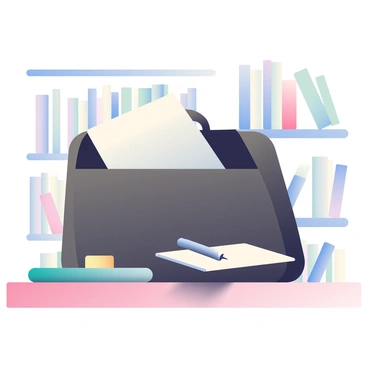 A dark brown briefcase is partially open on a wooden desk. From the briefcase, a white notepad with a few pages sticking out is visible, alongside a silver pen resting on top of it. The desk surface has a smooth texture, and there is a soft light illuminating the scene, creating gentle shadows. The background features a blurred view of a bookshelf lined with books.
