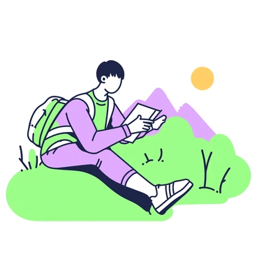 A student is sitting on a grassy hilltop with a relaxed posture, reviewing a syllabus. The student is wearing a backpack that sits beside them, and they hold an open syllabus in their lap. The sun is setting in the background, casting a warm glow across the sky. There are a few trees scattered around the hilltop, and the silhouette of distant mountains can be seen in the background. The student has short hair and wears casual clothing, with a focused expression as they read the syllabus.