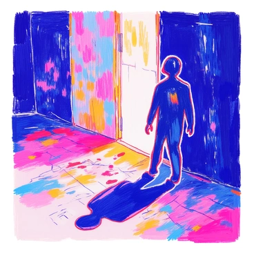 A dark shadow creeps along a textured wall, casting an elongated shape. Within the shadow, there is a faint outline of a person, featuring indistinct limbs and a head. The wall has visible cracks and a rough surface, enhancing the eerie atmosphere. The light source comes from a dimly lit area, emphasizing the contrast between the dark shadow and the illuminated wall.