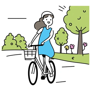 A woman with long brown hair, wearing a light blue dress and a white helmet, is cycling joyfully on a sunny day. She rides a vintage-style bicycle with a wicker basket at the front. The background features a lush green park, with tall trees and blooming flowers lining the path. Sunlight filters through the leaves, casting playful shadows on the ground. The woman has a bright smile on her face, conveying a sense of happiness and freedom as she pedals along the winding trail.