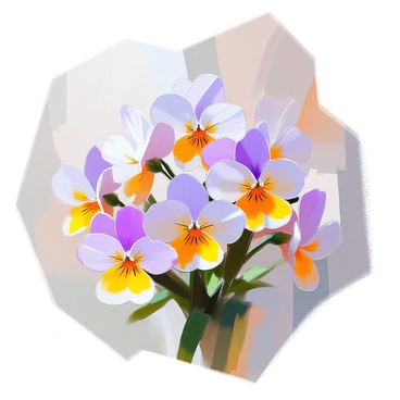 An illustration featuring intricate flowing lines that create a frame around the composition. The central focus is on several delicate pansy flowers in various shades of purple, yellow, and white. These pansies are arranged in a harmonious pattern, with their petals displaying intricate details and textures. The flowing lines weave gracefully throughout the image, connecting the flowers and enhancing the overall sense of movement and elegance. The background is subtly embellished with soft, muted colors that complement the vividness of the pansies.