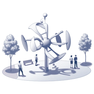A kinetic art sculpture with several moving parts situated in a public space. The sculpture features intricate mechanisms that allow various sections to rotate and sway. People are gathered around, observing the sculpture with expressions of curiosity and admiration. The surrounding area includes a paved pathway, benches for seating, and trees providing shade, creating an inviting atmosphere for visitors.