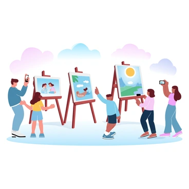 A small exhibit is displayed at an awards event, showcasing children's illustrations mounted on easels. The illustrations feature vibrant colors and imaginative themes, representing various aspects of childhood creativity. Some illustrations depict animals in playful scenarios, while others illustrate fantastical landscapes. A few children are standing nearby, admiring their work, while adults are taking photos of the artwork. Soft lighting enhances the colors of the illustrations, creating a warm and inviting atmosphere in the exhibit space.