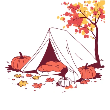 A cozy white tent stands in the center of a ground covered with colorful autumn leaves. The leaves are a mix of red, orange, and yellow, creating a vibrant tapestry on the ground. Surrounding the tent are several orange pumpkins of varying sizes, some with stems and others without. Sunlight filters through the branches of nearby trees, casting dappled light onto the tent and the ground. The tent is slightly open, revealing a hint of soft blankets and cushions inside.