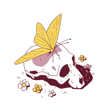 A yellow butterfly resting delicately on a white dog skull. The butterfly's wings are fully spread, showcasing intricate patterns and textures. The dog skull is placed on a textured surface, with soft shadows cast around it. The butterfly's antennae are gracefully curved, contrasting against the smooth, pale surface of the skull. Surrounding the skull, there are small, scattered flowers in muted colors, adding a gentle touch to the scene. The overall composition emphasizes the delicate interaction between the butterfly and the dog skull.