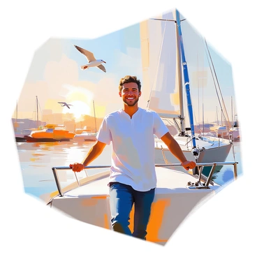 A person with medium skin tone and short dark hair is smiling proudly while standing on the deck of their newly purchased sailboat. The sailboat is docked at a marina, with masts and boats visible in the background. The person is wearing a casual blue shirt and jeans, and they are holding onto the railing, radiating happiness. The sun is shining down, creating a warm glow over the scene, highlighting the colors of the boat and water. Seagulls can be seen flying overhead, adding a lively atmosphere to the marina setting.